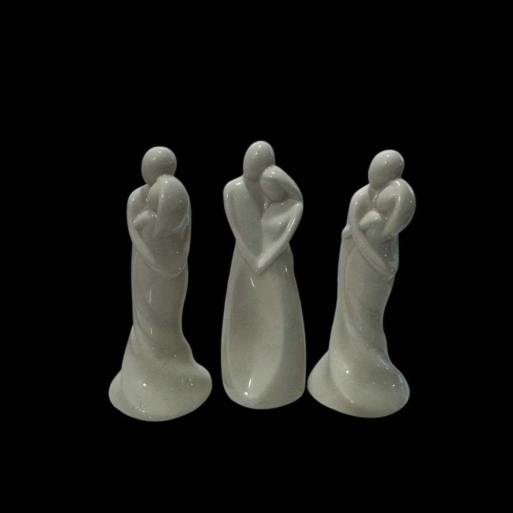 Set of 3 Minimalist White Ceramic Couple Figurines Abstract Embracing Statues 5"